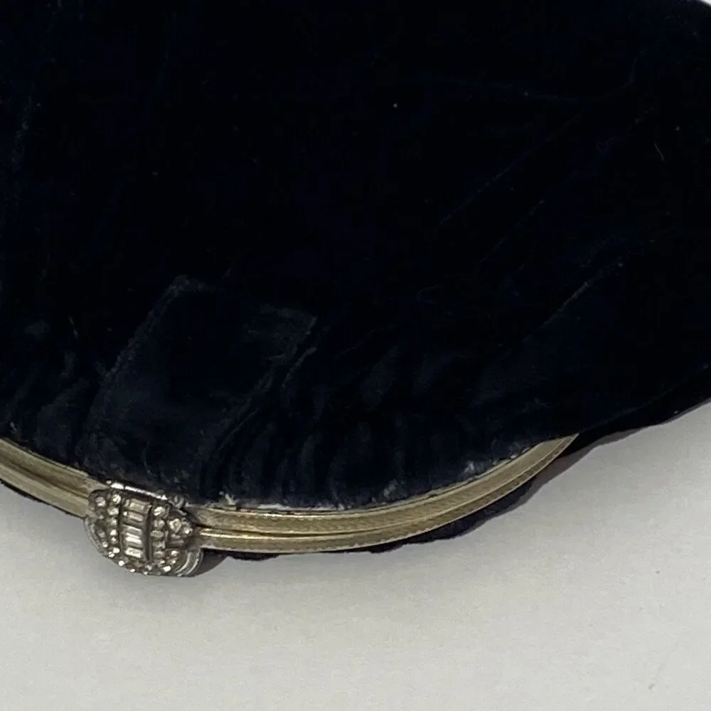 Vintage Black Velvet‎ Art Deco Clutch Rhinestone Clasp Evening Bag Pouch Purse